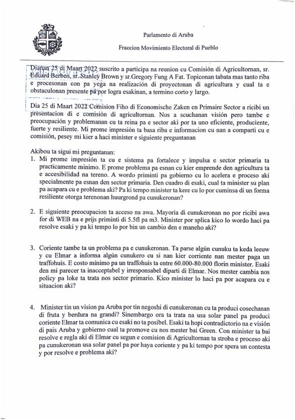 Preguntanan Haci Na Minister Ursell Arends Di Preocupacionan Di Comision Di United Farmers Doc 28 Mar 2022 2 39 Pm