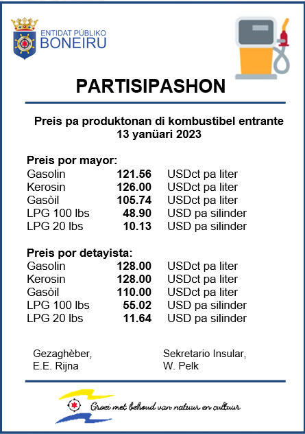 Brandstofprijzen Partisipashon 13 Januari