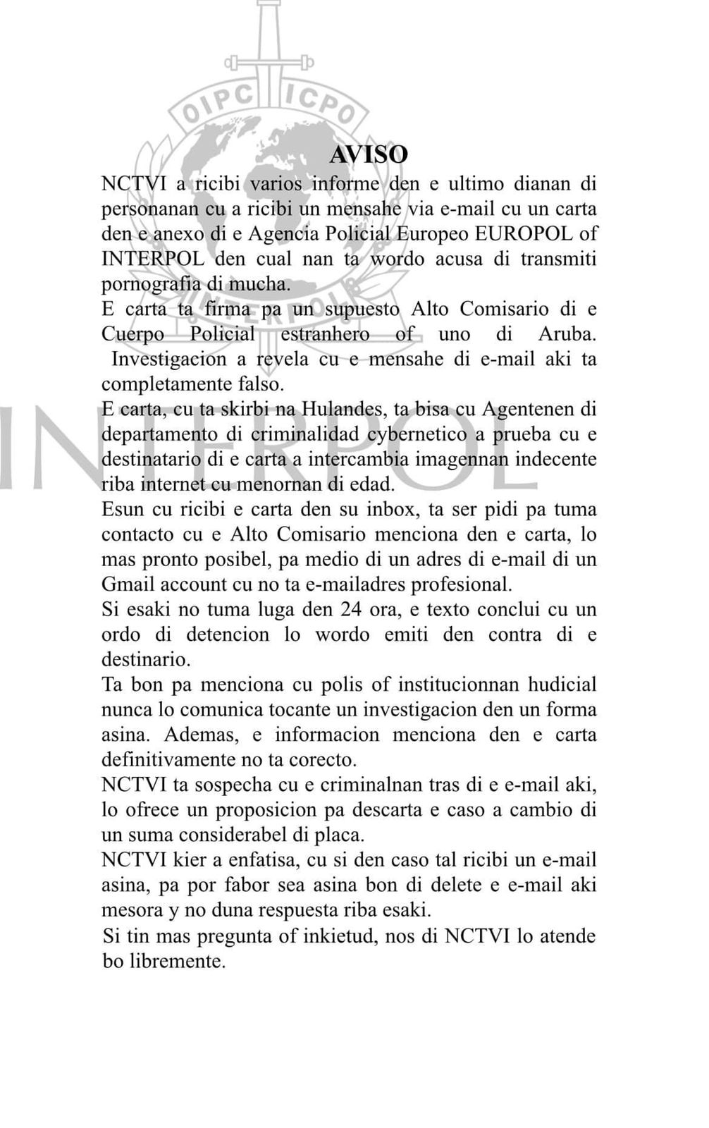 Pornogafia - Carta falso via e mail di supuesto agencia di EUROPOL of INTERPOL di  supuesto pornogafia di mucha - EA News Aruba